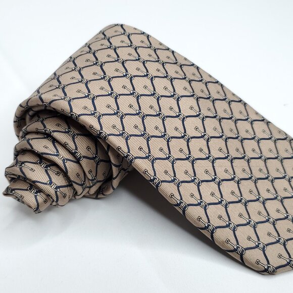 Yves Saint Laurent YSL 100% Silk Tie Equestrian Horse Bit Taupe Brown Navy Blue - Picture 2 of 6